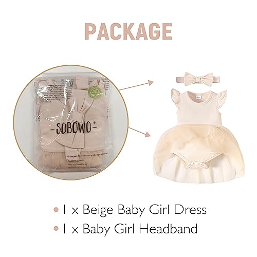 SOBOWO Beige Baby Girl Dress Infant Baby Girl Ruffle Sleeveless Tulle Romper Onsies Dresses Summer Clothes Outfits with Headband(0-3 Months, Beige S)