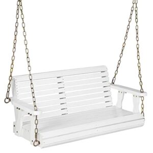 giantex wooden porch swing 2 seat - outdoor swinging chairs with hanging chains, 600 lbs weight capacity, 4 ft finished fir wood bench swing for patio, outside, garden, lawn, backyard (white)