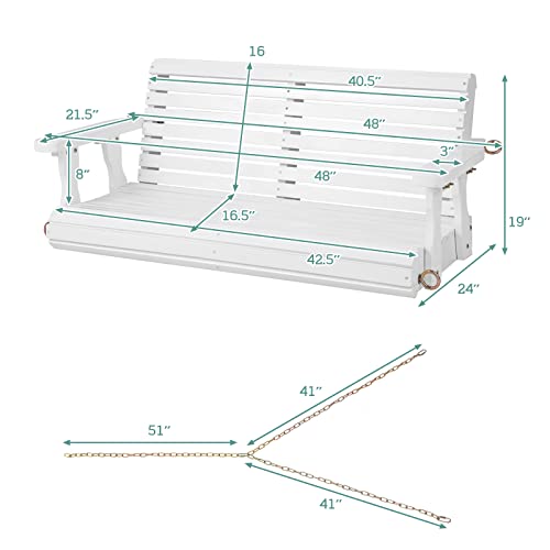 Giantex Wooden Porch Swing 2 Seat - Outdoor Swinging Chairs with Hanging Chains, 600 lbs Weight Capacity, 4 FT Finished Fir Wood Bench Swing for Patio, Outside, Garden, Lawn, Backyard (White)