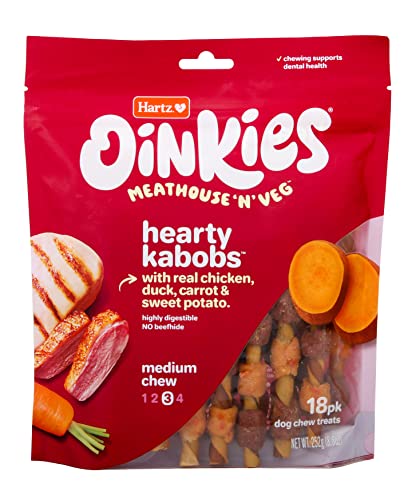 Hartz Oinkies Meathouse'n'Veg Hearty Kabobs Dog Treats with Real Chicken, Duck, Carrots, and Sweet Potato, Long-Lasting Yet Highly Digestible, 18 Count