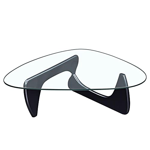 Noguchi Table Triangle Glass Coffee Table with Solid Wood Base, Modern Tempered Glass Accent Table, Sofa Side Table for Living Room Patio Study Office Hotel (Black, 0.472in)