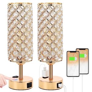 hong-in gold lamps set of 2, dimmable gold lamps for nightstand with usb-c+a & ac charging ports, 3-way usb crystal lamp, bedside desk light for bedroom living room home office(bulb included)