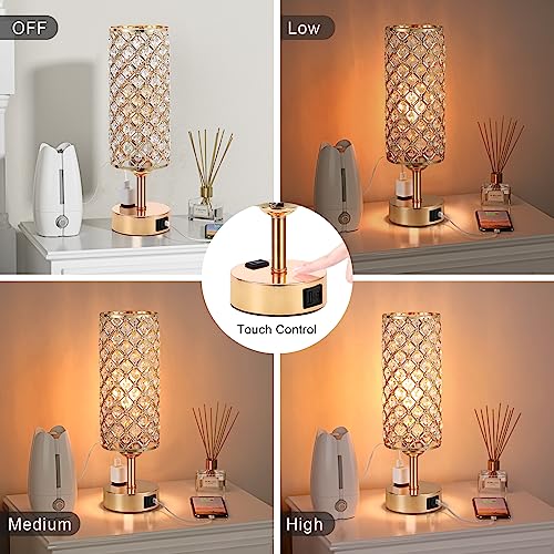 Hong-in Gold Lamps Set of 2, Dimmable Gold Lamps for Nightstand with USB-C+A & AC Charging Ports, 3-Way USB Crystal Lamp, Bedside Desk Light for Bedroom Living Room Home Office(Bulb Included)