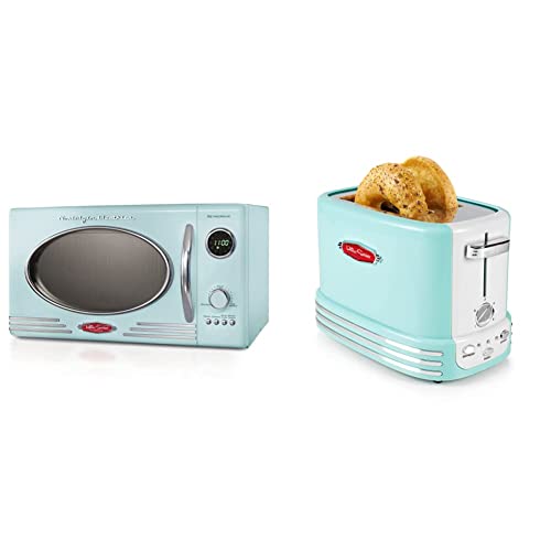 Nostalgia Retro Countertop Microwave Oven, 0.9 Cu. Ft. 800-Watts with LED Digital Display, Child Lock, Easy Clean Interior, Aqua & Retro Wide 2-Slice Toaster, Vintage Design With Crumb Tray, Aqua