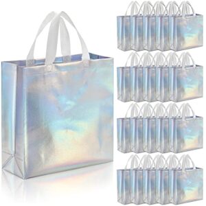 topzea 20 pack glossy reusable grocery bags 12.5" x 12.5", large non-woven tote shopping bag with handle, wedding bridesmaid bag iridescent gift bags goodie bag for small business, christmas, party