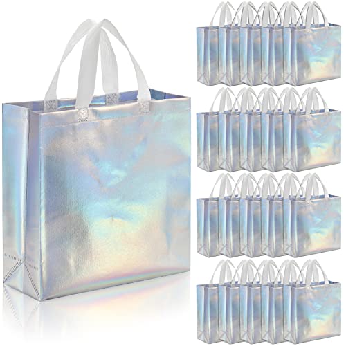 TOPZEA 20 Pack Glossy Reusable Grocery Bags 12.5" x 12.5", Large Non-woven Tote Shopping Bag with Handle, Wedding Bridesmaid Bag Iridescent Gift Bags Goodie Bag for Small Business, Christmas, Party