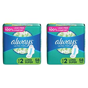 always ultra thin feminine pads for women, size 2 long super absorbency, with wings, unscented, 58 count (pack of 2)