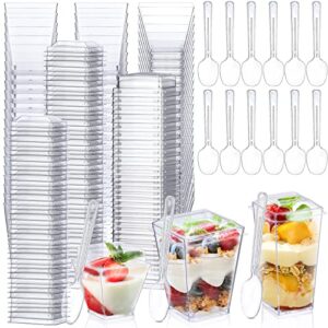 150 pack 5.6, 3, 2 oz mini square dessert cups with lids and spoons clear plastic parfait cups disposable appetizer cups small dessert shooter cups for serving party pudding fruit and ice cream