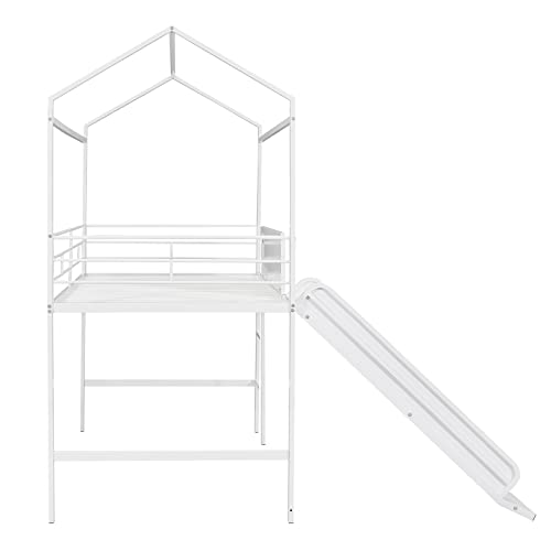 Twin Size House Loft Bed with Slide, Metal Bedframe w/Two-Sided writable Wooden Board,Kids Loft Bed Frame Built-in Ladder for Girls Boys Teens,No Need Spring Box,White
