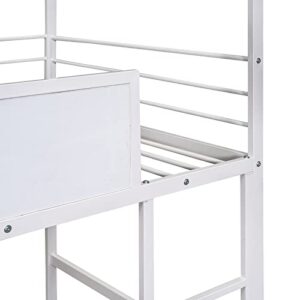 Twin Size House Loft Bed with Slide, Metal Bedframe w/Two-Sided writable Wooden Board,Kids Loft Bed Frame Built-in Ladder for Girls Boys Teens,No Need Spring Box,White