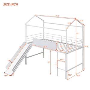 Twin Size House Loft Bed with Slide, Metal Bedframe w/Two-Sided writable Wooden Board,Kids Loft Bed Frame Built-in Ladder for Girls Boys Teens,No Need Spring Box,White