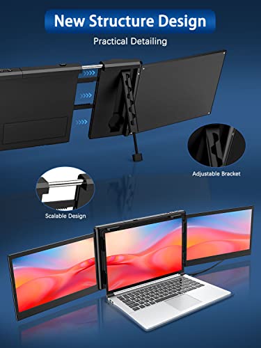 ADWOLT Triple Portable Monitor for Laptop Screen Extender-12'' 1080P Full HD IPS Triple Screen Laptop Monitor,One Type-C Cable Connection,Work with 13.3''-16.5'' Laptop& Switch/Xbox (for Windows)