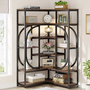tribesigns 7-shelf corner bookshelf, large modern corner bookcase, tall corner shelf stand with storage, l-shaped display rack with metal frame for living room home office (rustic brown)