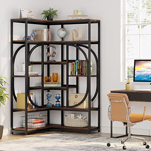 Tribesigns 7-Shelf Corner Bookshelf, Large Modern Corner Bookcase, Tall Corner Shelf Stand with Storage, L-Shaped Display Rack with Metal Frame for Living Room Home Office (Rustic Brown)