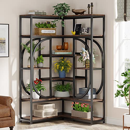 Tribesigns 7-Shelf Corner Bookshelf, Large Modern Corner Bookcase, Tall Corner Shelf Stand with Storage, L-Shaped Display Rack with Metal Frame for Living Room Home Office (Rustic Brown)