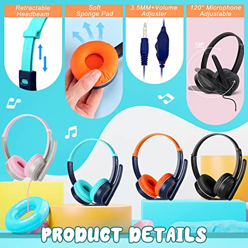 8 Pack Kids Headphones with Rotating Mic Bulk Wired Classroom Headphones with 3.5 mm Jack Over Ear Adjustable Headphones for Kids Teens Adults School Office Meetings Chat, 4 Colors