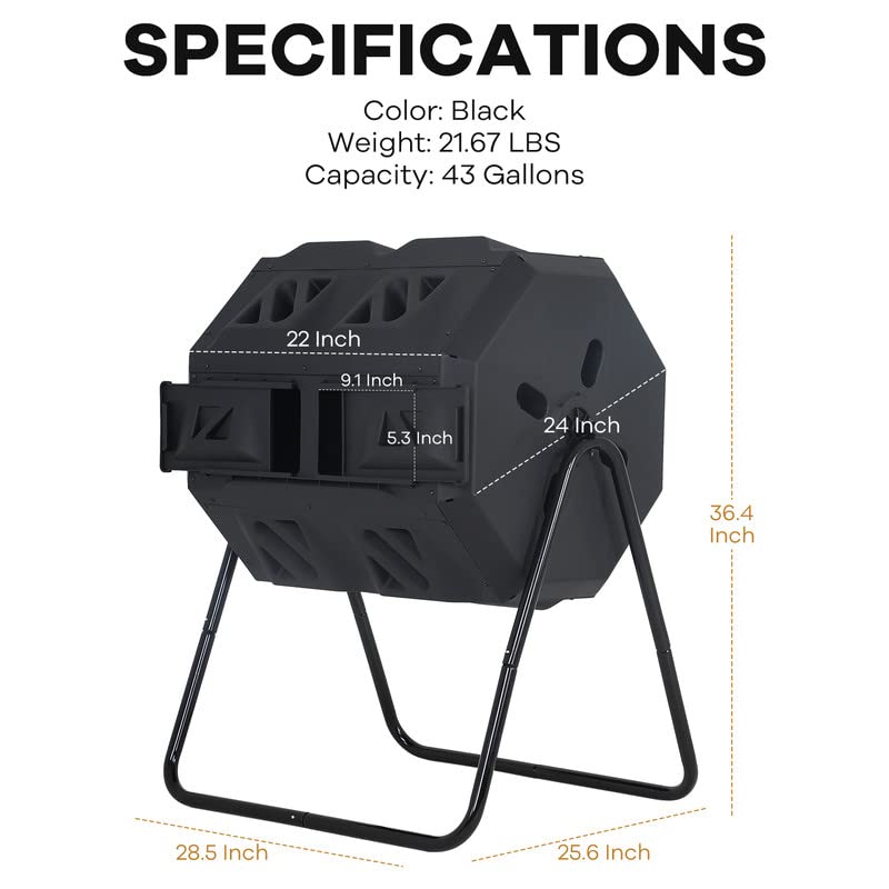 MGHH Outdoor Composting Bins, Tumbling Composter Dual Rotating Batch Compost Bin, for Yard Waster 43 Gallon- Black Door