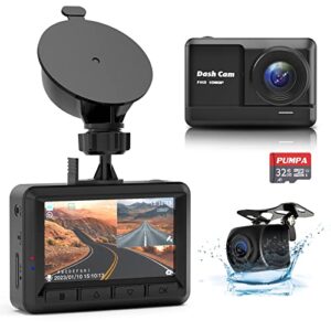 dash cam front and rear, 1080p full hd dash camera for cars with 32gb sd card, 2.45'' ips screen, 170°wide angle, night vision, parking monitor, loop recording, motion detection