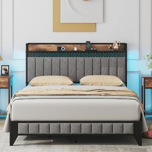 saudism full size bed frame with charging station, bed frame with led lights, full platform bed frame with soft storage headboard, sturdy and durable, no box spring needed, rustic wood + steel, grey