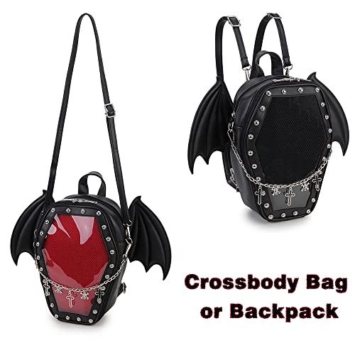 ENJOININ Gothic Coffin Shape Purses and Handbags for Women Halloween Shoulder Bag Ita Purse Backpack with Wings 2 Way