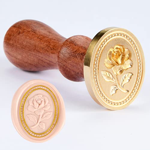 Wax Seal Stamp - Embossment Rose Flower, Oval Brass Head with Wooden Handle