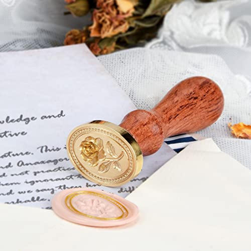 Wax Seal Stamp - Embossment Rose Flower, Oval Brass Head with Wooden Handle