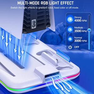 DINOSTRIKE RGB Light PS5 Stand and Cooling Station with Dual Controller Charging Station for Playstation 5 Console, PS5 Accessories for PS5 Console with Headset Holder, 6 Game Slots, Screw White