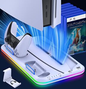dinostrike rgb light ps5 stand and cooling station with dual controller charging station for playstation 5 console, ps5 accessories for ps5 console with headset holder, 6 game slots, screw white