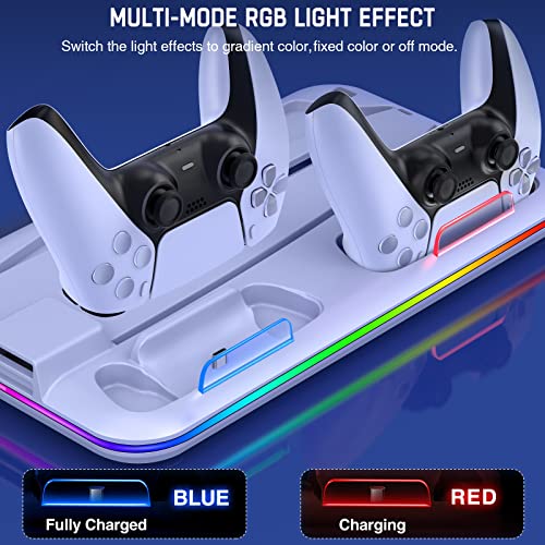 DINOSTRIKE RGB Light PS5 Stand and Cooling Station with Dual Controller Charging Station for Playstation 5 Console, PS5 Accessories for PS5 Console with Headset Holder, 6 Game Slots, Screw White