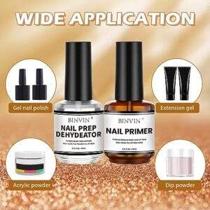 Binvin Gel Nail Polish Nail Dehydrator and Primer, 15ml Acid Free Natural Nail Prep Dehydrator & Bond Primer, Air Dry Superior Bonding Primer for Acrylic Powder Nail Supplies Set