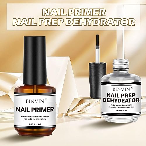 Binvin Gel Nail Polish Nail Dehydrator and Primer, 15ml Acid Free Natural Nail Prep Dehydrator & Bond Primer, Air Dry Superior Bonding Primer for Acrylic Powder Nail Supplies Set