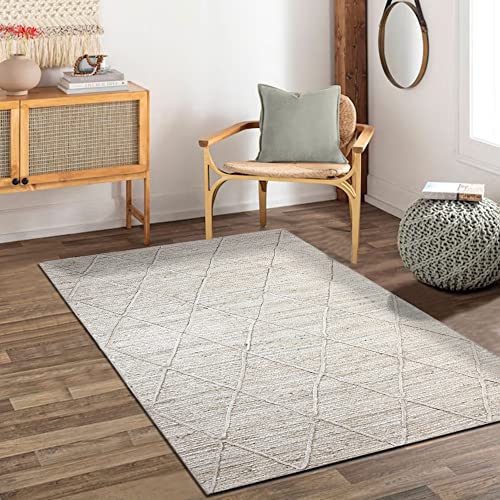 CASAVANI Hand Braided Rag Rug Geometric Beige 4x20 Ft Runner Shape Jute Rug Indoor/Outdoor Use Doormat Rugs for Dining Room,Bedroom,Loundry Room & Balcony 4x6 Feet