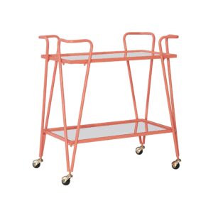 linon gina coral mid-century bar cart with mirrored shelves and locking wheels