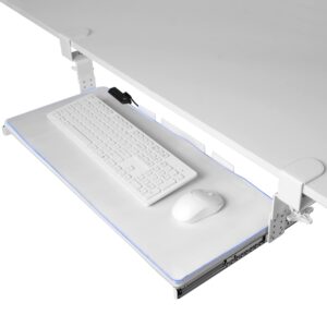 vivo large height adjustable under desk keyboard tray with rgb led light mouse pad, c-clamp mount, 27 (33 with clamps) x 11 inch slide-out platform computer drawer for typing, white, mount-kb05gpw