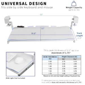 VIVO Large Height Adjustable Under Desk Keyboard Tray with RGB LED Light Mouse Pad, C-clamp Mount, 27 (33 with Clamps) x 11 inch Slide-Out Platform Computer Drawer for Typing, White, MOUNT-KB05GPW