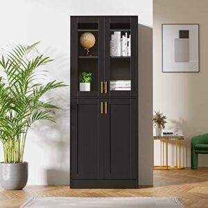 Cozy Castle 70" Tall Display Cabinet, Pantry Cabinet with Acrylic Glass Doors and Adjustable Shelves, China Cabinet, Office Storage Cabinet, Bookcase, Black