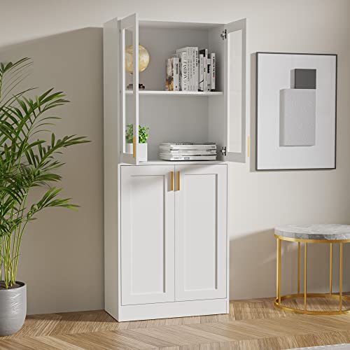 Cozy Castle China Cabinet For Office Storage, Pantry with Acrylic Glass Doors and Adjustable Shelves, 70" Tall Display Bookcase, White