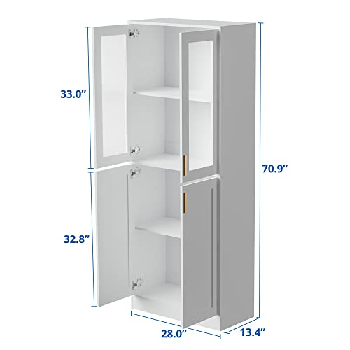 Cozy Castle China Cabinet For Office Storage, Pantry with Acrylic Glass Doors and Adjustable Shelves, 70" Tall Display Bookcase, White