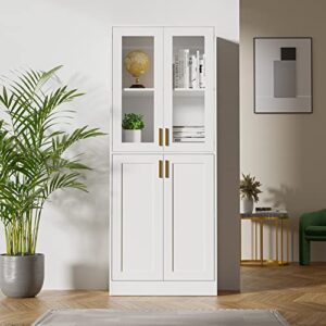 Cozy Castle China Cabinet For Office Storage, Pantry with Acrylic Glass Doors and Adjustable Shelves, 70" Tall Display Bookcase, White
