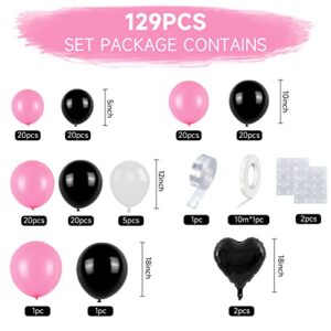 GREMAG Pink Black Balloon Arch Kit, 129Pcs Black Patel Pink Balloon Garland, 5 10 12 18 Inch with Black Heart Shaped Foil Balloon Clear Latex Balloon, for Girls Birthday Baby Shower Pink Party Decor