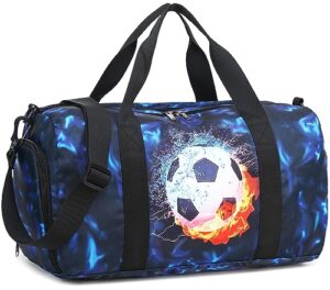kids duffle bag boys girls overnighter travel sport gym bag weekender carry on shoulder bag with shoe compartment & wet pocket (football black blue)