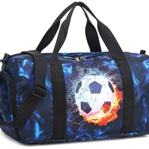 Kids Duffle Bag Boys Girls Overnighter Travel Sport Gym Bag Weekender Carry On Shoulder Bag with Shoe Compartment & Wet Pocket (Football Black Blue)