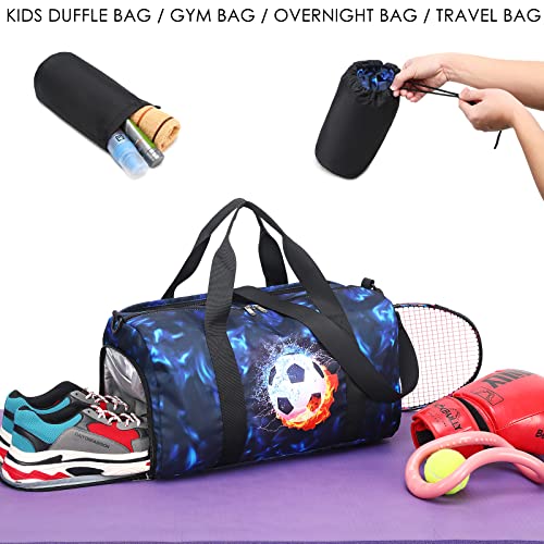 Kids Duffle Bag Boys Girls Overnighter Travel Sport Gym Bag Weekender Carry On Shoulder Bag with Shoe Compartment & Wet Pocket (Football Black Blue)