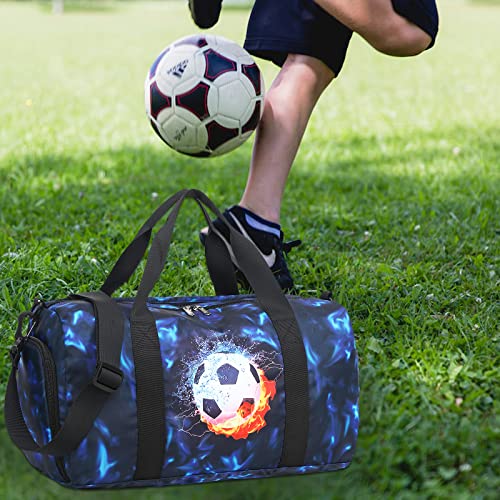 Kids Duffle Bag Boys Girls Overnighter Travel Sport Gym Bag Weekender Carry On Shoulder Bag with Shoe Compartment & Wet Pocket (Football Black Blue)