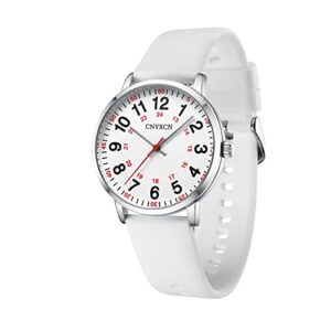 cnyxcn nurse watch for medical students,doctors,women men with second hand and 24 hour,easy to read dial,silicone band,water resistant (white+white)