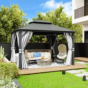 UDPATIO 10' x 12' Hardtop Gazebo, Galvanized Steel Double Roof Permanent Aluminum Gazebo, Outdoor Metal Pergolas with Mosquito Netting and Curtains for Garden, Parties, Patio, Deck, Lawns, Grey