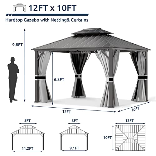 UDPATIO 10' x 12' Hardtop Gazebo, Galvanized Steel Double Roof Permanent Aluminum Gazebo, Outdoor Metal Pergolas with Mosquito Netting and Curtains for Garden, Parties, Patio, Deck, Lawns, Grey