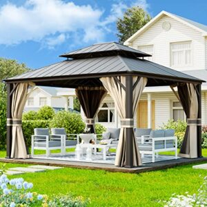 udpatio 12' x 14' hardtop gazebo, outdoor aluminum gazebo with galvanized steel double roof, permanent metal canopy with netting and curtains for patio, garden, lawn, backyard, deck, beige