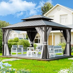 udpatio 12' x 14' hardtop gazebo, galvanized steel double roof permanent aluminum gazebo, outdoor metal pergolas with mosquito netting and curtains for garden, parties, patio, deck, lawns, grey