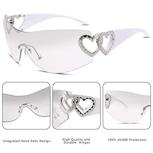 DeBuff Y2K Sunglasses for Women Men, Rimless Shield Wrap Around Sunglasses 2000S Trendy Oversized Fashion Frameless Glasses